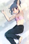  1girl absurdres armpit_crease barefoot blue_hair bra hair_bun highres looking_at_viewer lying no_shirt oekakiism on_side open_mouth pink_bra pink_eyes shima_rin solo underwear yurucamp 