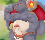  2020 absurd_res anthro bulge charizard clothing cute_fangs eeveecholo erection generation_1_pokemon genitals hi_res humanoid_genitalia humanoid_hands humanoid_penis male musclegut nintendo penis pokemon pokemon_(species) solo underwear video_games 