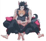  2boys animal_ears baggy_pants bandaid bandaid_on_face bare_arms bare_shoulders barefoot black_hair blonde_hair cloud_strife dog_boy dog_ears dog_tail feet final_fantasy final_fantasy_vii full_body grey_pants grey_shirt hair_between_eyes hair_slicked_back highres holding holding_hands holding_leash kemonomimi_mode leash long_hair male_focus multiple_boys pants pillow pokashi shirt short_hair sitting sitting_on_lap sitting_on_person sleeveless sleeveless_turtleneck soles spiked_hair tail toes toned toned_male turtleneck white_background yaoi zack_fair 