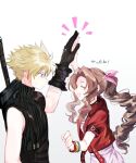  1boy 1girl aerith_gainsborough armor bangle bangs black_gloves black_shirt blonde_hair bracelet braid braided_ponytail brown_hair cloud_strife cropped_jacket dress final_fantasy final_fantasy_vii final_fantasy_vii_remake gloves hair_between_eyes hair_ribbon high_five jacket jewelry long_hair looking_at_another open_mouth parted_bangs pink_dress pink_ribbon piyogame2 profile red_jacket ribbon shirt short_hair short_sleeves shoulder_armor sidelocks simple_background sleeveless sleeveless_turtleneck smile spiked_hair sweatdrop turtleneck upper_body weapon weapon_on_back 