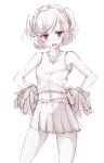  1girl cheerleader crop_top doki_doki_literature_club greyscale hair_ornament hairclip looking_at_viewer midriff monochrome natsuki_(doki_doki_literature_club) navel open_mouth pleated_skirt pom_pom_(cheerleading) puru_(ex-150) short_hair simple_background skirt solo white_background 