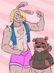  2020 abstract_background absurd_res anthro athletic athletic_anthro athletic_male biceps black_pupils blonde_hair blonde_highlights bottomwear brown_bear brown_body brown_fur brown_hair buckteeth cerealharem_(artist) chest_tuft clothing crossgender digital_drawing_(artwork) digital_media_(artwork) dot_eyes duo ear_piercing ear_ring eyewear fingers flexing flexing_bicep fluffy fluffy_tail ftm_crossgender fur glasses gtm_crossgender hair hand_in_pocket hi_res highlights_(coloring) hoodie itm_crossgender jewelry lagomorph leporid male mammal multicolored_body multicolored_fur multicolored_hair muscular muscular_anthro muscular_male necklace nipples open_mouth piercing pockets pork_(cerealharem) pupils rabbit ring_piercing short_hair short_tail shorts simple_background simple_eyes tan_body tan_fur teeth tongue topwear tuft two_tone_body two_tone_fur two_tone_hair ursid ursine v-cut vest wink_(pork_eh) 