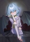  1girl absurdres bat_wings blue_hair collarbone crying crying_with_eyes_open dark_background english_commentary foot_out_of_frame frilled_sleeves frills hair_between_eyes hand_on_own_cheek hand_on_own_face head_tilt highres long_sleeves looking_at_viewer mary_janes medium_hair mixed-language_commentary no_headwear pajamas petarikooo pink_bloomers pink_pajamas pointy_ears red_eyes red_footwear remilia_scarlet shoes sitting sleepwear solo tears touhou wings 