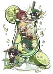  6+boys aether_(genshin_impact) artist_name chibi drink food fruit full_body genshin_impact glass highres kaedehara_kazuha leaf lime_(fruit) multiple_boys nbb3 scaramouche_(genshin_impact) shikanoin_heizou simple_background venti_(genshin_impact) wanderer_(genshin_impact) water_drop white_background xiao_(genshin_impact) 