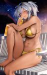  1girl barefoot beer_mug bikini black_nails blush breasts brown_eyes can cleavage closed_mouth cup dark-skinned_female dark_skin duplicate eyewear_on_head feet gold_bikini grey_hair hair_between_eyes heart highres holding holding_cup kantai_collection knee_up large_breasts legs long_hair looking_at_viewer mug musashi_(kancolle) musashi_kai_ni_(kancolle) nail_polish navel one_eye_closed pixel-perfect_duplicate side-tie_bikini_bottom sitting smile solo speech_bubble spoken_heart string_bikini sunglasses swimsuit thighs toes tongue tongue_out yellow-framed_eyewear yunamaro 