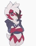  2d_animation animated anthro bottomless bottomless_anthro bottomless_male canid canine chest_tuft claws clothed clothing floppy_ears generation_7_pokemon liteee lycanroc male mammal midnight_lycanroc nintendo pokemon pokemon_(species) red_eyes smile solo sweater topwear tuft video_games 
