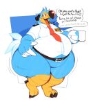  2022 animal_crossing anthro avian beak belly belt big_belly bird blue_background boot_(artist) border bottomless claws clothed clothing coffee_mug columbid curvy_figure dialogue dodo dress_shirt english_text feathers featureless_crotch headphones hi_res holding_mug holding_object huge_thighs hyper hyper_thighs looking_at_viewer male moobs mug necktie nintendo open_mouth open_smile orville_(animal_crossing) overweight overweight_anthro overweight_male shirt simple_background smile solo standing talking_to_viewer talons text thick_thighs tongue topwear tuft video_games white_border 