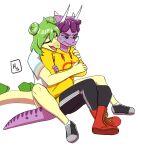  anthro bodily_fluids ceratopsian clothed clothing crying dinosaur duo embrace facial_horn female freckles goodbye_volcano_high green_hair hair heartsick hoodie horn hug markings multicolored_body open_mouth ornithischian purple_body purple_eyes purple_hair reptile scalie sitting snoot_game_(fan_game) stegosaurian stegosaurus stella_(gvh) tears thyreophoran topwear triceratops trish_(gvh) two_tone_body video_games yellow_body 