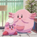  book bookshelf chansey creature curtains egg happy kirby kirby&#039;s_dream_land kirby_(series) looking_at_another miclot plant pokemon pokemon_(creature) potted_plant size_difference smile tongue window 