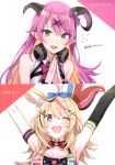  2girls :d ;d absurdres animal_ear_fluff animal_ears arm_strap armpits arms_up asymmetrical_horns bangs bare_shoulders black_hair blonde_hair blue_bow blush bow bowtie braid breasts demon_horns elbow_gloves fox_ears fox_girl gloves green_eyes hair_between_eyes hair_bow hair_ornament hat headphones headphones_around_neck heart highres hololive horns jester_cap long_hair looking_at_viewer mano_aloe medium_breasts multicolored_hair multiple_girls omaru_polka one_eye_closed open_mouth own_hands_together pink_hair pointy_ears purple_eyes red_bow red_bowtie scan side_braid sidelocks single_elbow_glove smile spade_(shape) star_(symbol) star_in_eye streaked_hair sweatdrop symbol_in_eye tilted_headwear tomari_(veryberry00) two-tone_hair virtual_youtuber 