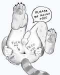  4_toes anthro anus balls bodily_fluids butt claws emoticon english_text feet foreskin genitals hi_res legs_up linah_(puppyemonade) pawpads paws penis puppyemonade speech_bubble spread_anus spread_butt spreading tally_marks text toes trans_(lore) 