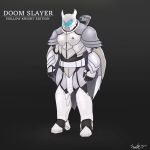  absurdres alternate_costume arm_blade armor blade cape cloak crossover doom_(series) doom_eternal doomguy fantasy helmet highres hollow_knight hollow_knight_(character) knight_(hollow_knight) male_focus nate_welch power_suit pure_nail_(hollow_knight) pure_vessel soldier sword warrior weapon 