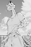  absurd_res anthro beastars bottomwear cheetah clothed clothing clothing_lift felid feline female furry_bb greyscale hi_res mammal monochrome sheila_(beastars) shirt shirt_lift shorts solo topwear 