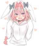  1boy animal_ears animal_hood astolfo_(fate) bad_id bad_twitter_id blush commentary fake_animal_ears fang fate_(series) hood hood_up hoodie long_sleeves looking_at_viewer male_focus multicolored_hair onesie open_mouth otoko_no_ko pink_hair purple_eyes rabbit_ears rabbit_hood saisou_(2ndere) skin_fang solo streaked_hair tongue white_hair 