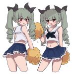  1girl anchovy_(girls_und_panzer) bangs blush bow breasts brown_eyes cleavage crop_top curly_hair drill_hair frilled_skirt frills girls_und_panzer grey_hair hair_bow highres holding holding_pom_poms long_hair midriff multiple_views navel neckerchief open_mouth pom_pom_(cheerleading) ri_(qrcode) sailor_collar shirt skirt sleeveless sleeveless_shirt smile sweat twin_drills twintails 