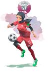  1girl 2022_fifa_world_cup ball blush closed_mouth commentary english_commentary full_body green_eyes highres hijab light_particles painting_(medium) playing_sports qatar soccer soccer_ball soccer_uniform solo sportswear telstar traditional_media watercolor_(medium) world_cup wristband yugen99 