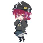  1girl 90_sik bangs black_footwear black_headwear black_hoodie blush boots cabbie_hat chibi drill full_body gear_hat_ornament grey_shorts hair_between_eyes hat hood hoodie indie_virtual_youtuber kaiten-tsuzuri long_sleeves looking_at_viewer open_mouth red_eyes red_hair screw_in_head short_hair shorts simple_background smile solo transparent_background virtual_youtuber 