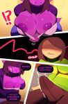  2022 ?! anthro areola big_breasts bottomwear breasts brown_hair clothed clothing comic deltarune dialogue duo english_text erection erection_under_clothing female hair hi_res huge_breasts human jacket lizard male mammal nipples pants purple_areola purple_body purple_nipples purple_skin reptile scalie shirt susie_(deltarune) svarzye teeth text topwear undertale_(series) video_games 