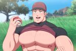  1boy abs bara blue_eyes blurry blurry_background clothes_lift courier_trainer eddlayer grass happy hat highres iker_(pokemon) large_pectorals looking_at_viewer male_focus manly mature_male mountain muscular muscular_male nipples open_mouth outdoors pectorals poke_ball pokemon pokemon_(game) pokemon_sv shirt shirt_lift sky solo teeth thick_arms tongue tree twitter_username upper_body 