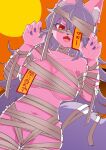  anthro big_breasts biped black_nose breasts canid canine colored_nails cute_fangs female fox fur hair hair_over_eye halloween holidays inner_ear_fluff kemono kino_kodake kino_kodake_(character) magenta_hair mammal mummy_costume mummy_wrappings nails navel ofuda ofuda_on_breast one_eye_obstructed open_mouth paper_seal pink_body pink_fur purple_nails red_eyes solo talisman tuft virtual_youtuber 