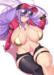  1girl aster_crowley bangs bb_(fate) blush breasts cleavage fate/extra fate/extra_ccc fate/grand_order fate_(series) highres huge_breasts long_hair long_sleeves looking_at_viewer navel purple_eyes purple_hair solo thighhighs thighs 