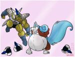  after_vore alien anthro armor belly big_belly blue_body blue_fur canid canine canis crocodilian dragon_ball duo fur headgear helmet jewelry male mammal necklace r4c00n reptile same_size_vore scalie vore wolf yellow_body yellow_skin 
