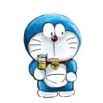  1:1 2019 anthro bell beverage blue_body blue_fur collar domestic_cat doraemon doraemon_(character) felid feline felis front_view fur glass holding_beverage holding_glass holding_object liquid machine male mammal mouth_closed mt_tg pouch_(anatomy) red_collar red_nose robot shaded simple_background solo standing whiskers white_background white_body white_fur 