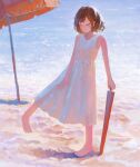  1girl barefoot beach bob_cut brown_hair closed_eyes closed_umbrella dress fjsmu highres long_dress ocean original outdoors sleeveless sleeveless_dress smile solo standing standing_on_one_leg umbrella white_dress 