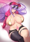  1girl aster_crowley bangs bb_(fate) blush breasts cleavage fate/extra fate/extra_ccc fate/grand_order fate_(series) highres huge_breasts long_hair long_sleeves looking_at_viewer navel purple_eyes purple_hair solo thighhighs thighs 