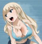  1girl blonde_hair blue_eyes breasts cleavage earrings eden&#039;s_zero gaston18 highres jewelry large_breasts long_hair navel open_mouth rebecca_bluegarden simple_background torn_clothes 