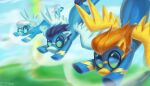  2020 blue_body blue_feathers blue_hair clothing digital_media_(artwork) enderselyatdark equid equine eyewear feathered_wings feathers female feral fleetfoot_(mlp) flying friendship_is_magic goggles group hair hasbro hi_res male mammal my_little_pony orange_hair pegasus soarin_(mlp) spitfire_(mlp) spread_wings trio uniform white_hair wings wonderbolts_(mlp) wonderbolts_uniform yellow_body yellow_feathers 