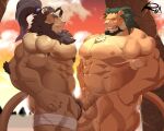  abs anthro arsalan balls biceps body_hair chest_hair comparing comparing_muscles crossover duo felid flaccid foreskin genitals hi_res lifewonders lion live-a-hero male male/male mammal mane muscular muscular_anthro muscular_male navel nipples nude pantherine pecs penis reclamon sunset tokyo_afterschool_summoners toshu video_games 