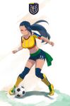  1girl 2022_fifa_world_cup ball blush breasts closed_mouth commentary ecuador english_commentary full_body highres large_breasts light_particles long_hair looking_at_viewer midriff navel painting_(medium) playing_sports ponytail soccer soccer_ball soccer_uniform solo sportswear standing telstar traditional_media watercolor_(medium) world_cup wristband yellow_eyes yugen99 