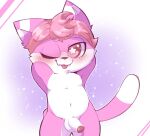  abstract_background anthro balls blush cat_tail countershading cute_fangs erection foreskin fur genitals hair hands_behind_head hi_res league_of_legends male navel one_eye_closed penis pink_body pink_eyes pink_fur pink_hair portrait riot_games smite_(artist) solo star_pupils three-quarter_portrait tongue tongue_out video_games white_body white_countershading white_tipped_tail wink yordle 