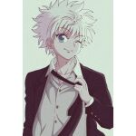  1boy absurdres blue_eyes closed_mouth commentary commentary_request enoki_(gongindon) highres hunter_x_hunter killua_zoldyck long_sleeves looking_at_viewer male_child male_focus necktie one_eye_closed short_hair simple_background smile solo spiked_hair upper_body white_hair 