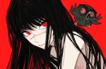  1girl bare_shoulders bird black_hair chainsaw_man cross_scar highres long_hair looking_at_viewer messy red_background red_eyes red_theme ringed_eyes sailen0 scar scar_on_face simple_background solo_focus war_devil_(chainsaw_man) yoru_(chainsaw_man) 