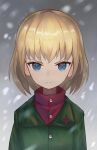  1girl bangs blonde_hair blue_eyes bob_cut closed_mouth commentary frown girls_und_panzer green_jacket highres jacket katyusha_(girls_und_panzer) long_sleeves looking_at_viewer mamaa_(maeni6379) pravda_school_uniform red_shirt school_uniform shirt short_hair snowing solo turtleneck upper_body 