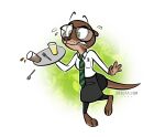  2022 anthro apron barefoot brown_body brown_fur clothed clothing cutlery digital_media_(artwork) disney eyewear feet female fork fully_clothed fur glasses green_eyes holding_object kitchen_utensils lutrine mammal mustelid necktie sam_(zootopia+) serareldeer simple_background solo spoon tools zootopia 