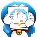  1:1 2019 anthro bell collar domestic_cat doraemon doraemon_(character) drawing felid feline felis front_view holding_object holding_paper machine male mammal mouth_closed mt_tg paper raised_arms red_collar red_nose robot shaded simple_background standing tongue tongue_out whiskers white_background 