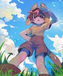  +_+ 1boy bare_shoulders blue_sky brown_headwear brown_shorts camooh cloud cloudy_sky commentary english_commentary from_below goggles goggles_on_head grass highres looking_down male_child male_focus off_shoulder on_grass open_mouth original outdoors red_hair shirt short_hair shorts sky solo tail yellow_shirt 