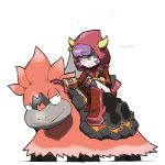  1girl blacknirrow camerupt closed_mouth courtney_(pokemon) english_text gloves hood hood_up horned_hood horns mega_camerupt mega_pokemon petting pink_gloves pokemon pokemon_(game) pokemon_oras purple_eyes purple_hair short_hair simple_background smile split_mouth team_magma turtleneck white_background 