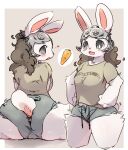  &lt;3 2022 anthro biped black_nose bottomwear breasts brown_clothing brown_hair brown_shirt brown_topwear camel_toe carrot clothed clothing dark_nose digital_media_(artwork) female food fully_clothed fur furgonomics grey_bottomwear grey_clothing grey_eyes hair hands_on_hips hi_res hotpants kemono kyameta lagomorph leporid light_body light_ears light_face light_fur light_tail long_ears long_hair mammal medium_breasts monotone_ears monotone_face monotone_inner_ear monotone_nose monotone_tail motion_lines open_bottomwear open_clothing open_mouth open_pants pants pink_inner_ear plant pupils rabbit scut_tail shirt short_sleeves short_tail shorts sitting small_nose smile solo t-shirt topwear vegetable white_body white_ears white_face white_fur white_pupils white_tail 