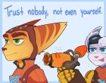 &lt;3 &lt;3_eyes 2022 anthro assassyart blue_eyes clothing cybernetic_arm cybernetic_limb duo eyebrows eyewear eyewear_on_head female fur goggles goggles_on_head green_eyes gun headgear headwear hi_res lombax male mammal meme ranged_weapon ratchet ratchet_and_clank rivet_(ratchet_and_clank) sony_corporation sony_interactive_entertainment stripes tongue tongue_out video_games weapon yellow_body yellow_fur 