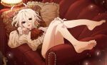  1boy barefoot black_eyes brooch center_frills couch feet frills highres jewelry legs long_sleeves lying male_focus ohayousan_084 on_back on_couch original otoko_no_ko pillow pointy_ears shirt soles solo toenails toes white_hair white_shirt 