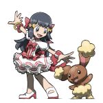  1girl :d black_eyes black_hair blacknirrow bow bracelet buneary collared_dress dawn_(pokemon) dress english_commentary full_body hair_bow high_heels jewelry legs_apart long_hair mary_janes open_mouth outstretched_arms pokemon pokemon_(game) pokemon_dppt puffy_short_sleeves puffy_sleeves shoes short_sleeves simple_background smile spread_arms standing white_background yellow_bow 