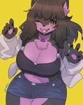  absurd_res amber_eyes anthro arumo big_breasts biped black_body black_fur black_hair black_nose bottomwear breasts canid canine canis chest_tuft clothing collar crop_top cute_fangs exy female fur hair hi_res inner_ear_fluff jacket jean_skirt jewelry kemono long_hair mammal midriff necklace one_eye_closed open_mouth open_smile purple_body purple_fur shirt skirt smile solo topwear tuft virtual_youtuber wink wolf 