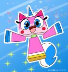  &lt;3 2018 arms_out blue_eyes digital_media_(artwork) domestic_cat eyebrows eyelashes felid feline felis female feral hi_res horn joaoppereiraus lego looking_at_viewer mammal open_mouth open_smile pink_body signature smile solo star the_lego_movie two_tone_tail unikitty unikitty! 