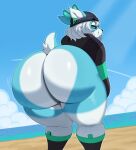  2022 absurd_res anthro beach beanie bedroom_eyes bent_over big_butt black_clothing black_footwear black_nose black_shoes black_topwear blu_(bludoe) blue_body blue_fur blue_sky bottomless bottomless_anthro bottomless_male butt cervid clothed clothing cloud detailed_background digital_media_(artwork) ear_piercing footwear fur green_clothing green_ear_piercing green_footwear green_shoes hair half-closed_eyes hat headgear headwear hi_res huge_butt looking_at_viewer looking_back male mammal morning motion_lines narrowed_eyes outside piercing presenting presenting_hindquarters sand scut_tail seaside seductive shoes short_tail sky smile solo sssonic2 topwear water white_body white_fur white_hair 