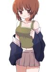  1girl bangs blush breasts brown_eyes brown_hair frown girls_und_panzer jacket large_breasts long_sleeves midriff navel nishizumi_miho off_shoulder pleated_skirt ri_(qrcode) short_hair skirt solo sweat tank_top 