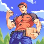  1boy bara belt belt_bag biceps blurry blurry_background closed_eyes cloud cloudy_sky courier_trainer denim feet_out_of_frame highres iker_(pokemon) jeans male_focus manly mature_male muscular muscular_male open_mouth package pants poke_ball pokemon pokemon_(game) pokemon_sv shirt signature sky smile solo teeth thick_arms thick_eyebrows tight tongue tree veins veiny_arms watch yaekaidou 